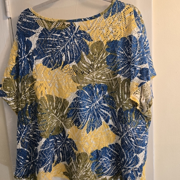 Boho Tropical Multi Color Leaf Print Blouse W Front Tie And Gold Neck Design 3XL - Picture 8 of 11